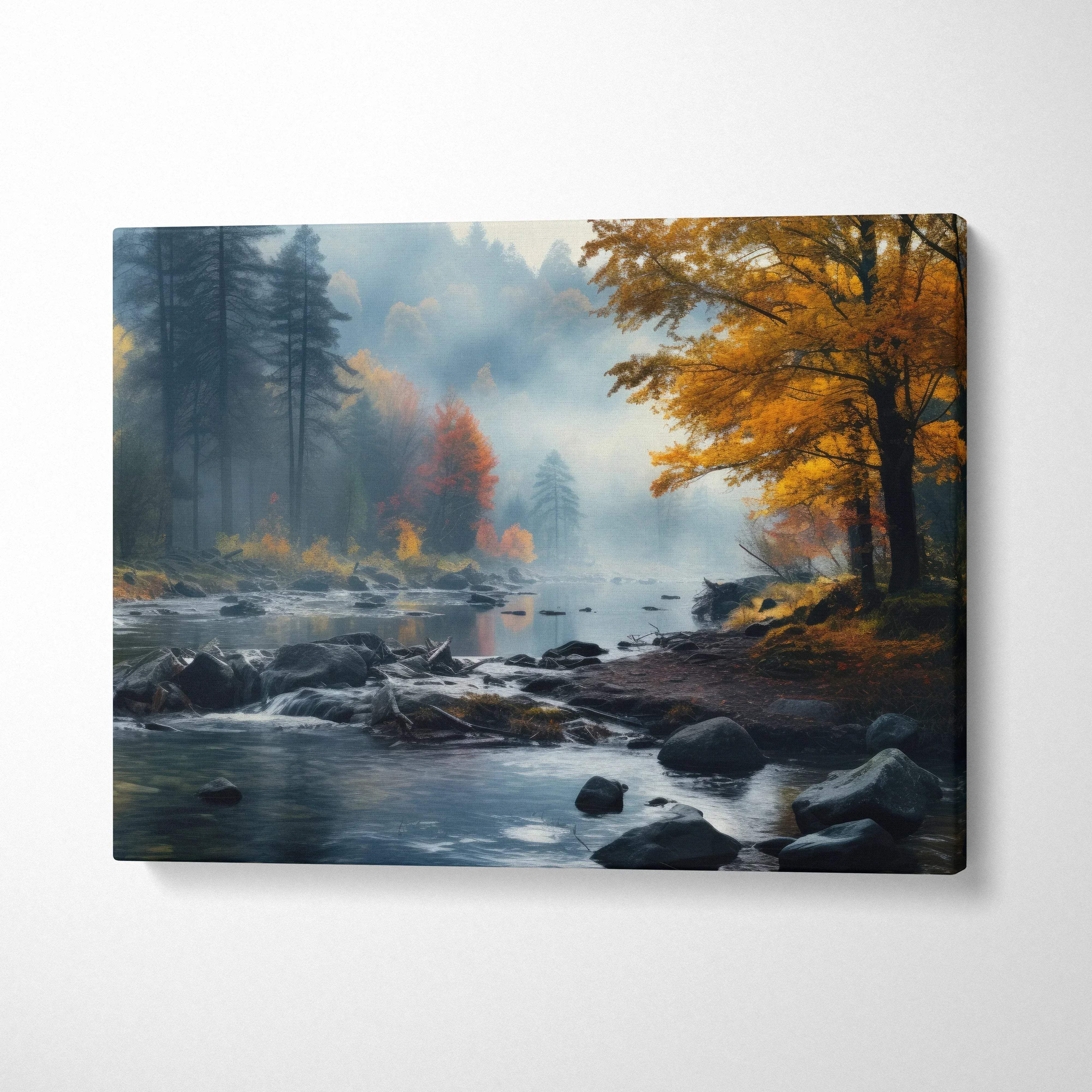 Vibrant autumn landscape canvas art with golden fall leaves and misty river scene wall art.