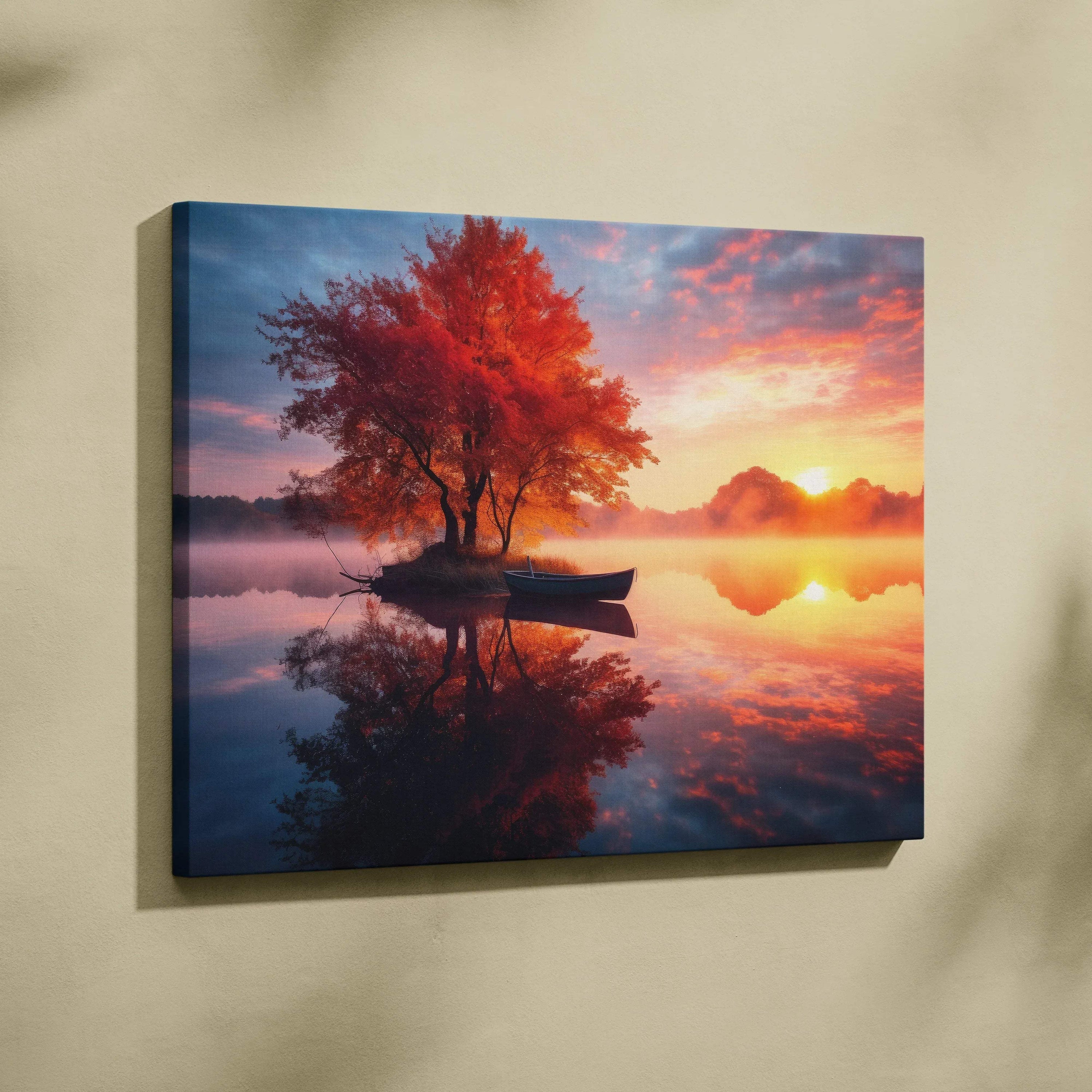 Canvas wall art featuring vibrant autumn tree with red leaves and boat on calm lake at sunset.