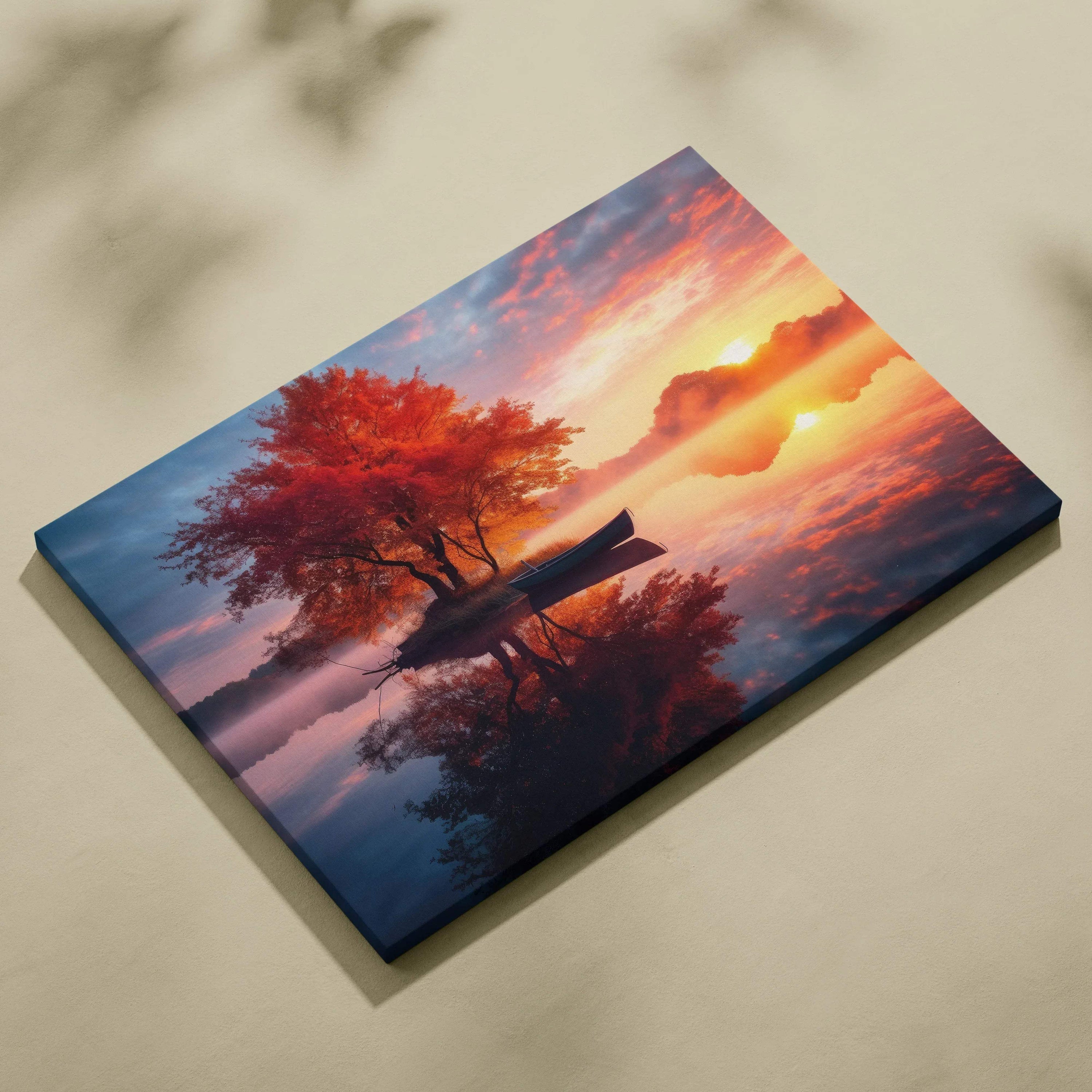 Canvas wall art featuring fiery autumn sunset with golden fall leaves reflected on calm water.