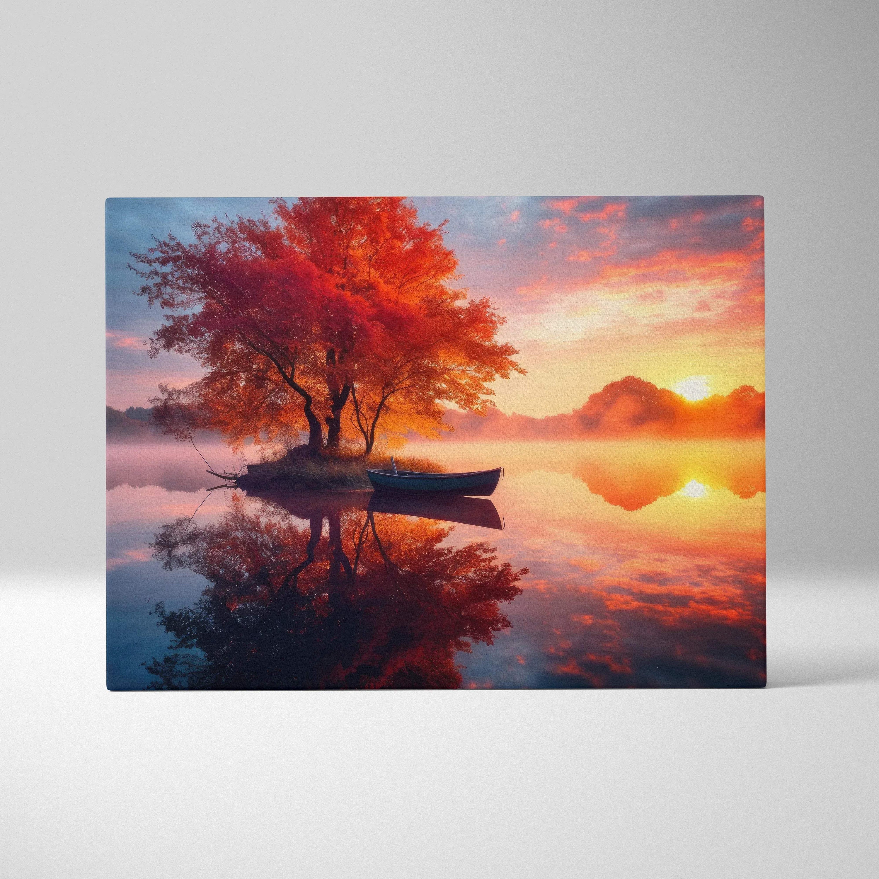 Canvas wall art featuring vibrant autumn sunset with golden leaves and a small boat on calm reflective water.
