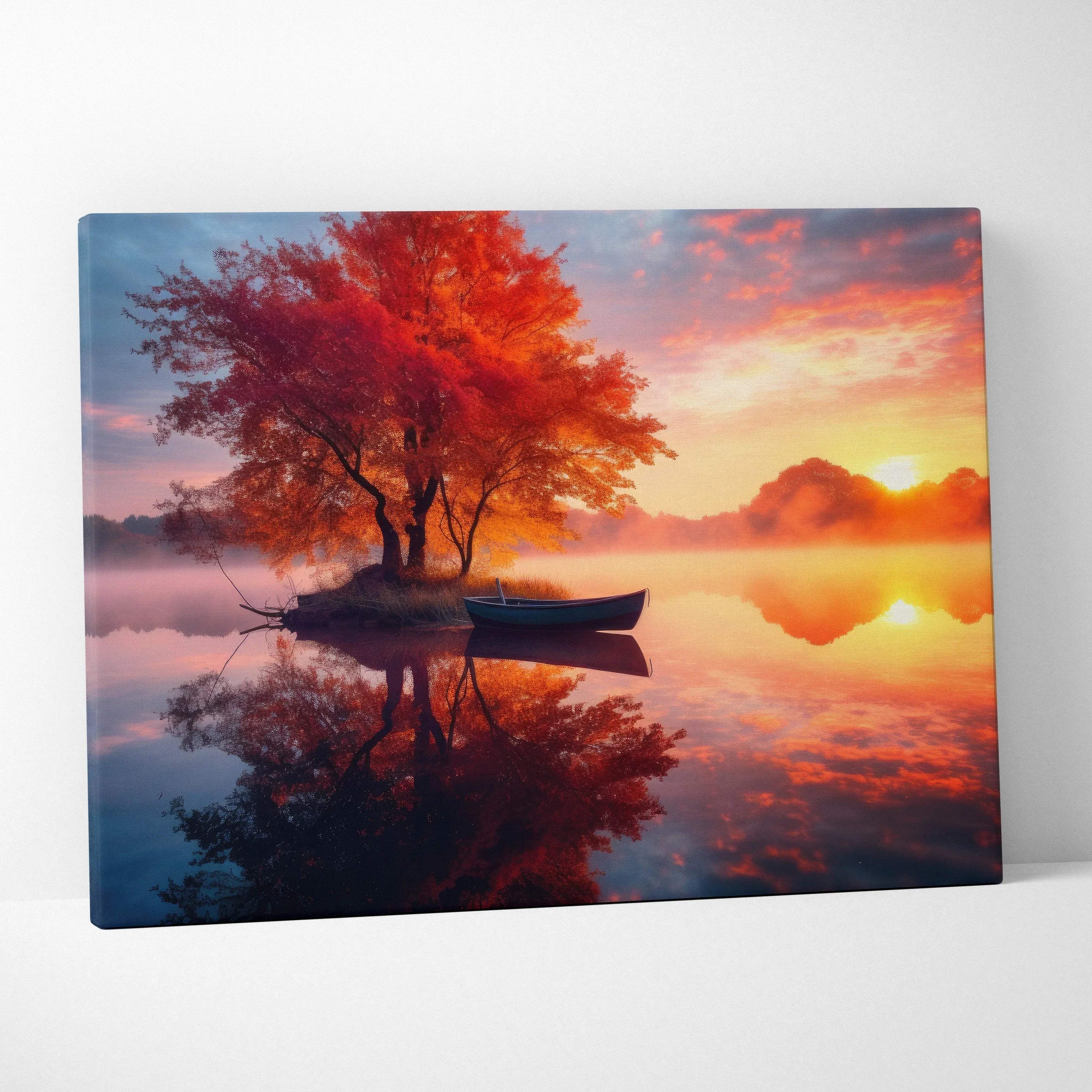 Canvas art featuring vibrant autumn sunset with golden fall leaves reflected on calm lake, wall art design.