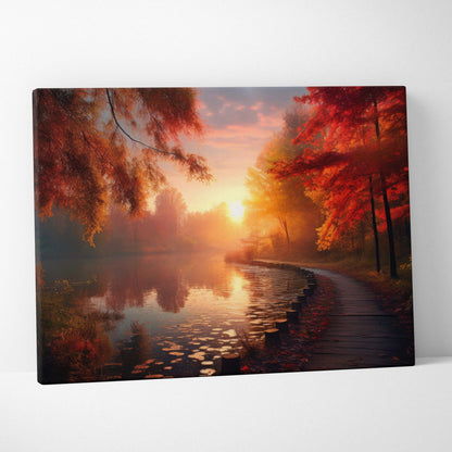 Autumn sunset canvas art with vibrant red and orange trees along a lakeside boardwalk wall art.