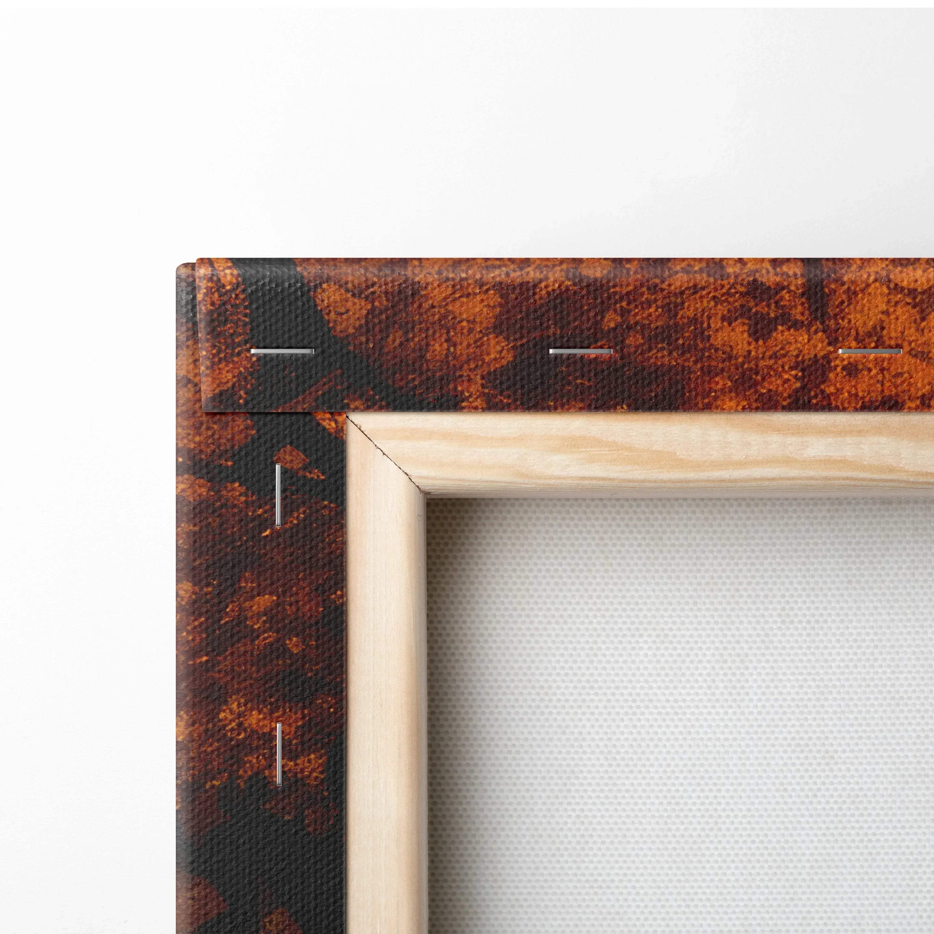 Close-up of vibrant autumn sunset canvas art corner with natural wood stretcher frame and rich fall colors.