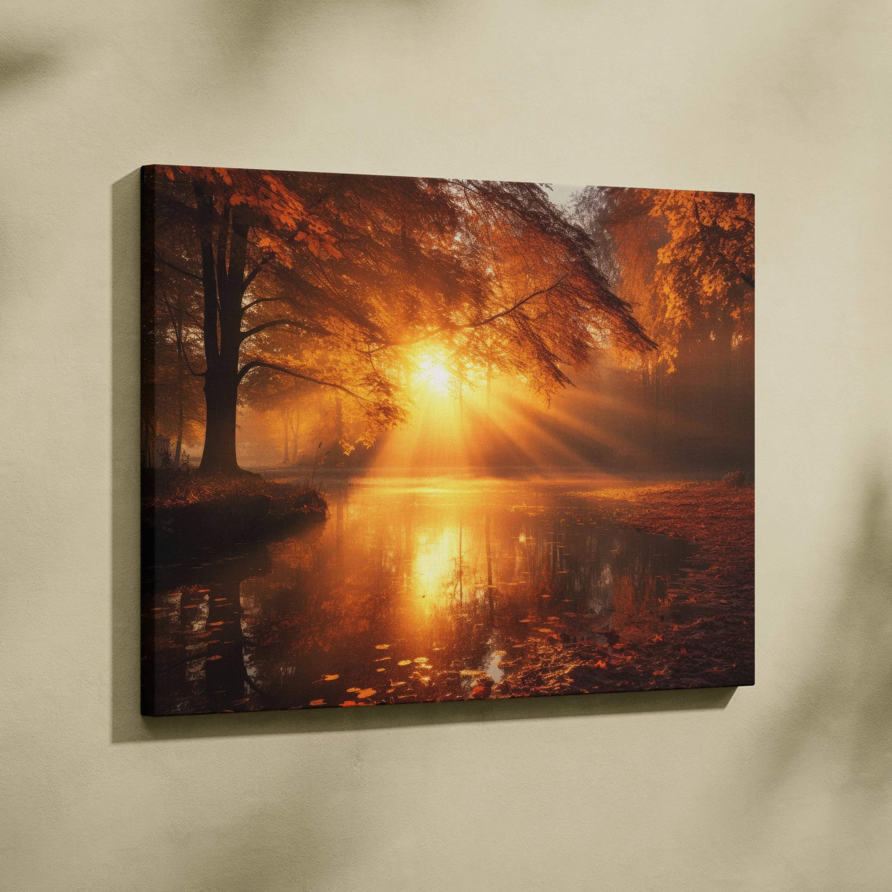 Canvas art of vibrant autumn sunset over forest lake with warm orange and gold tones wall art.
