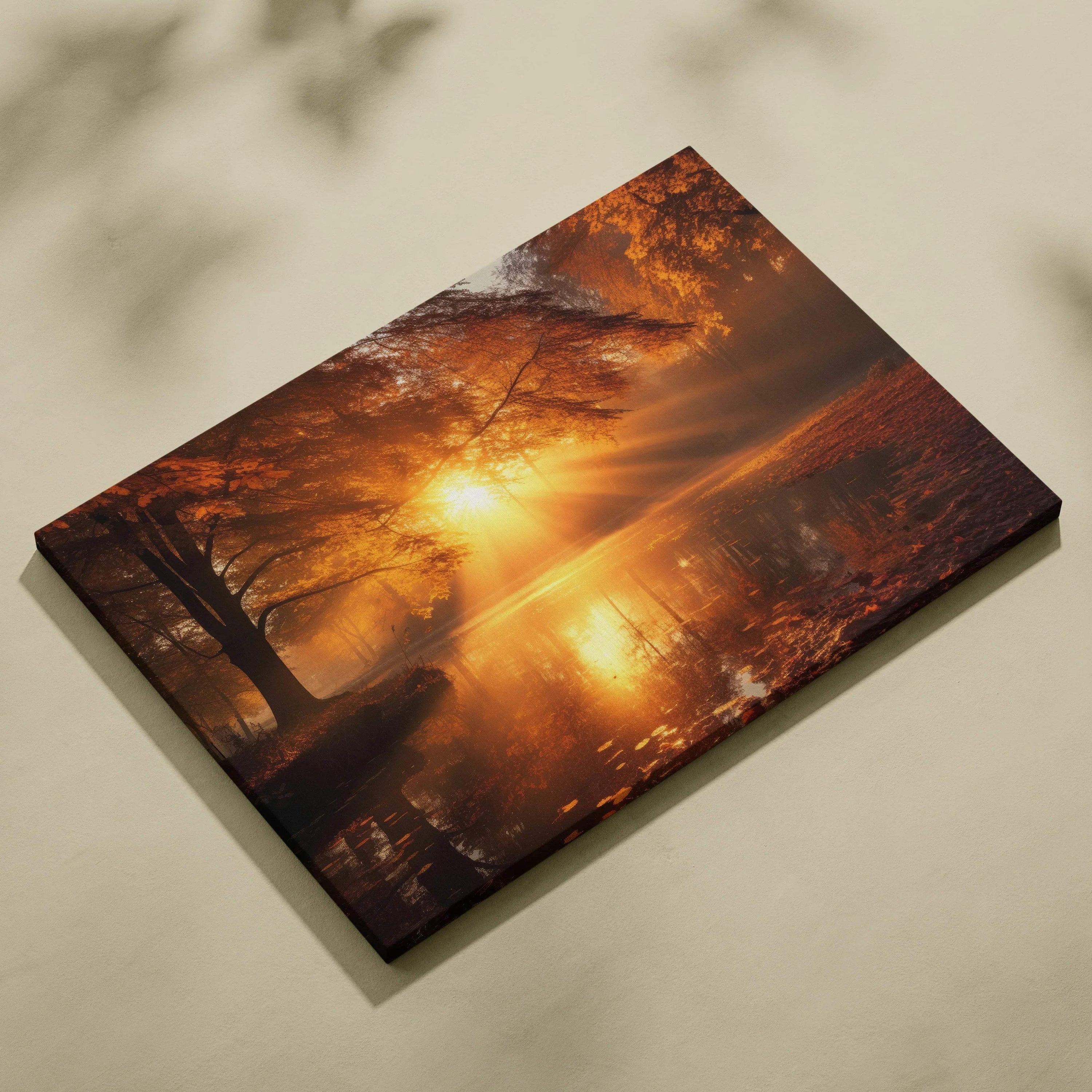 Autumn sunset digital art canvas wall art with vibrant orange foliage over a reflective lake.