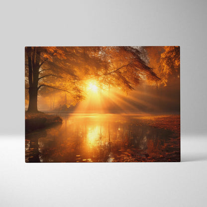 Autumn sunset canvas art with golden light filtering through fall trees over reflective water wall art.