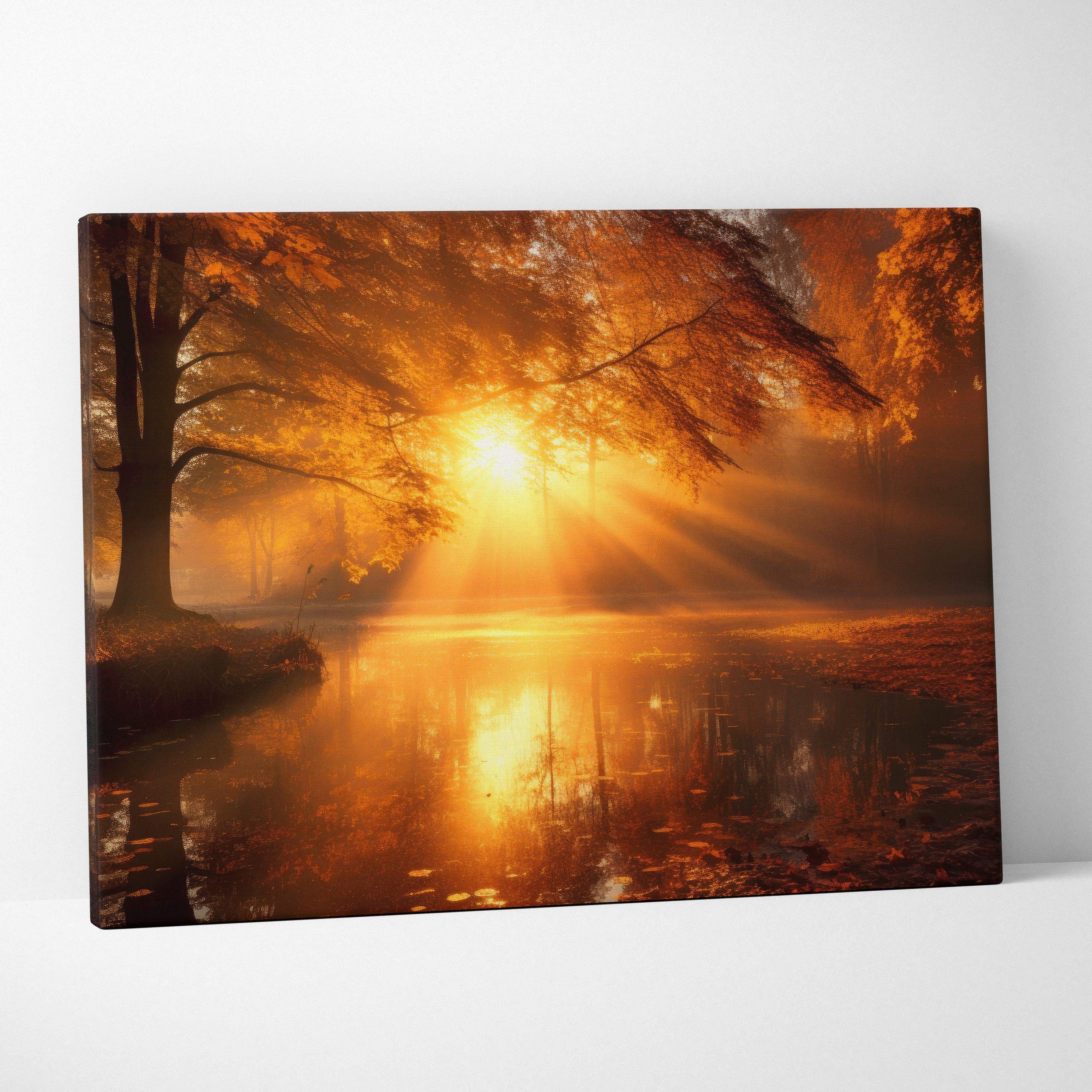 Autumn sunset digital art canvas print with golden light rays through vibrant fall trees over reflective water wall art.