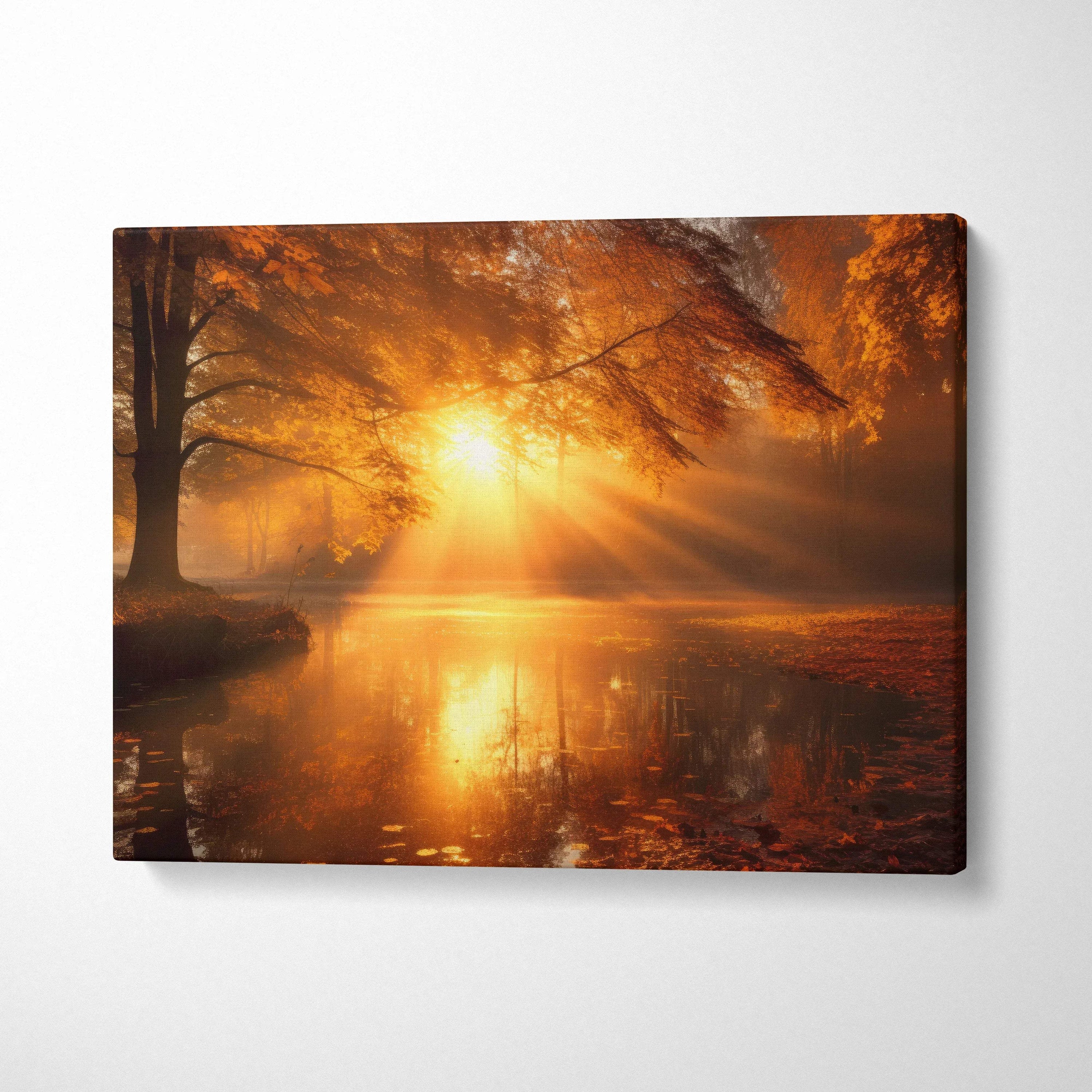 Autumn sunset digital art canvas print with golden trees and reflective lake wall art.