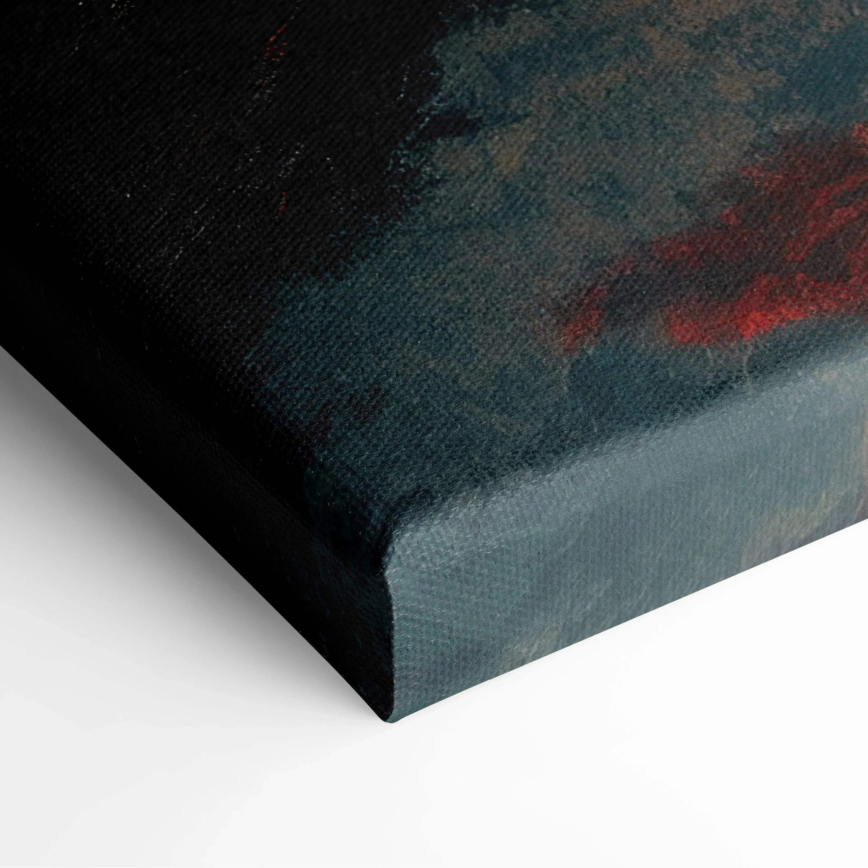 Close-up of textured canvas art with dark blue and red autumn tones on wall art corner.