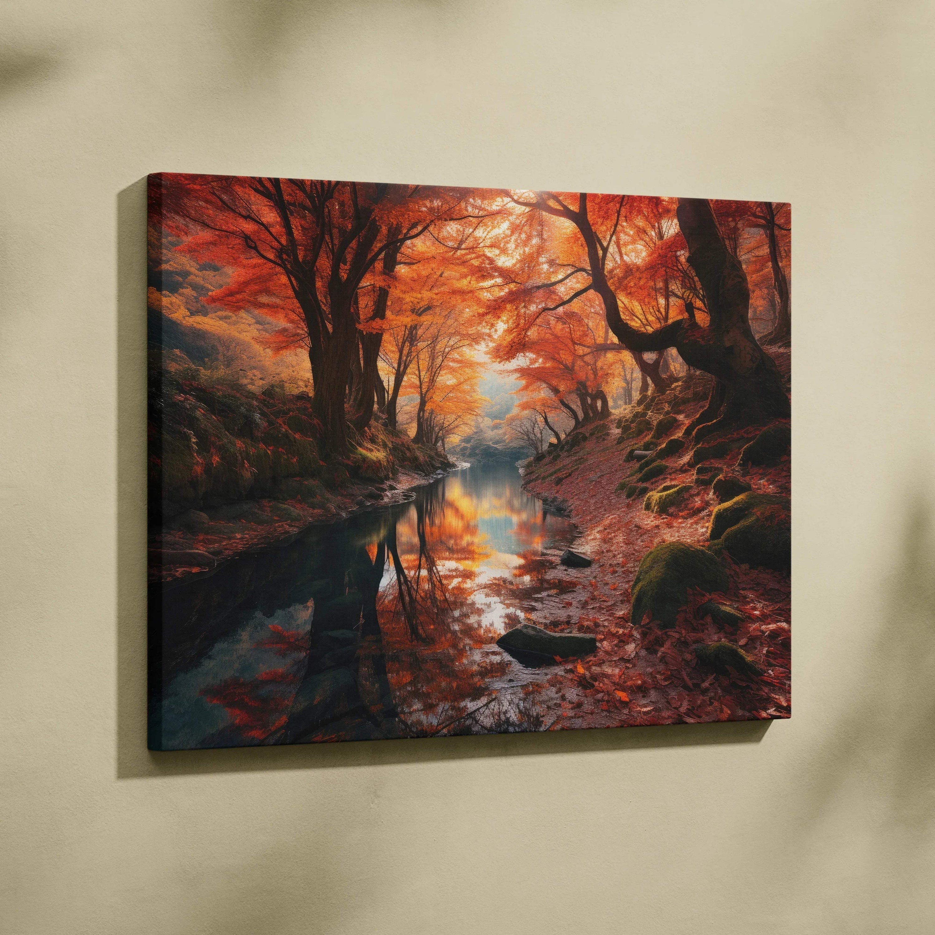 Autumn forest scene with golden leaves and reflective stream on canvas wall art.