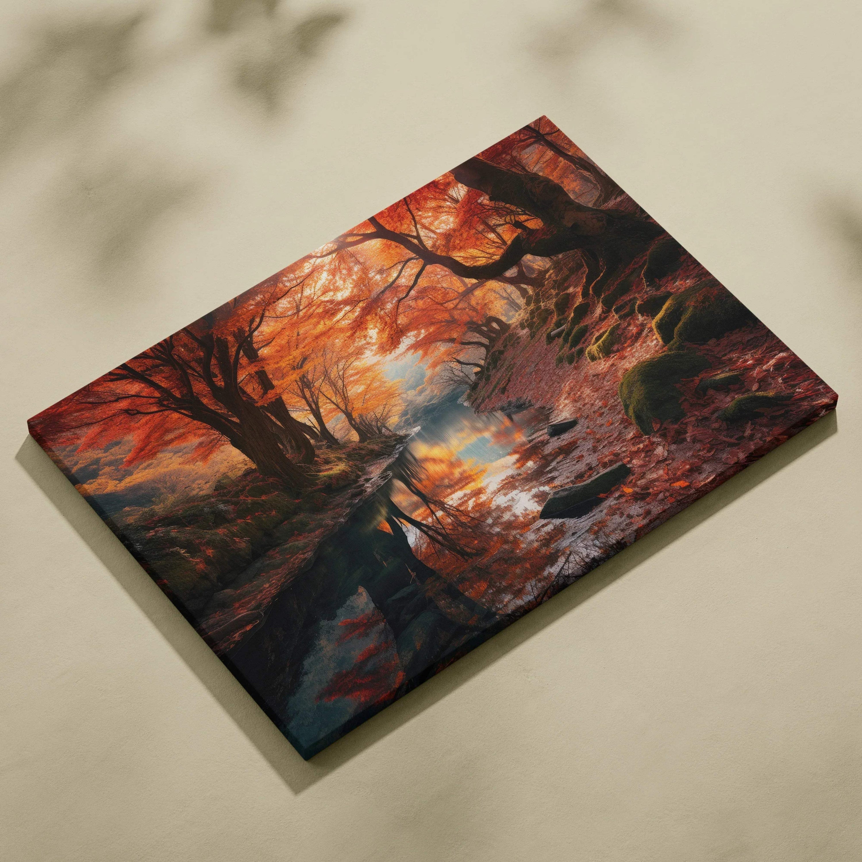 Autumn forest canvas art with vibrant orange and red foliage reflecting over a serene stream wall art.