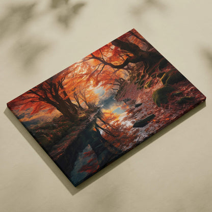 Autumn forest canvas art with vibrant orange and red foliage reflecting over a serene stream wall art.
