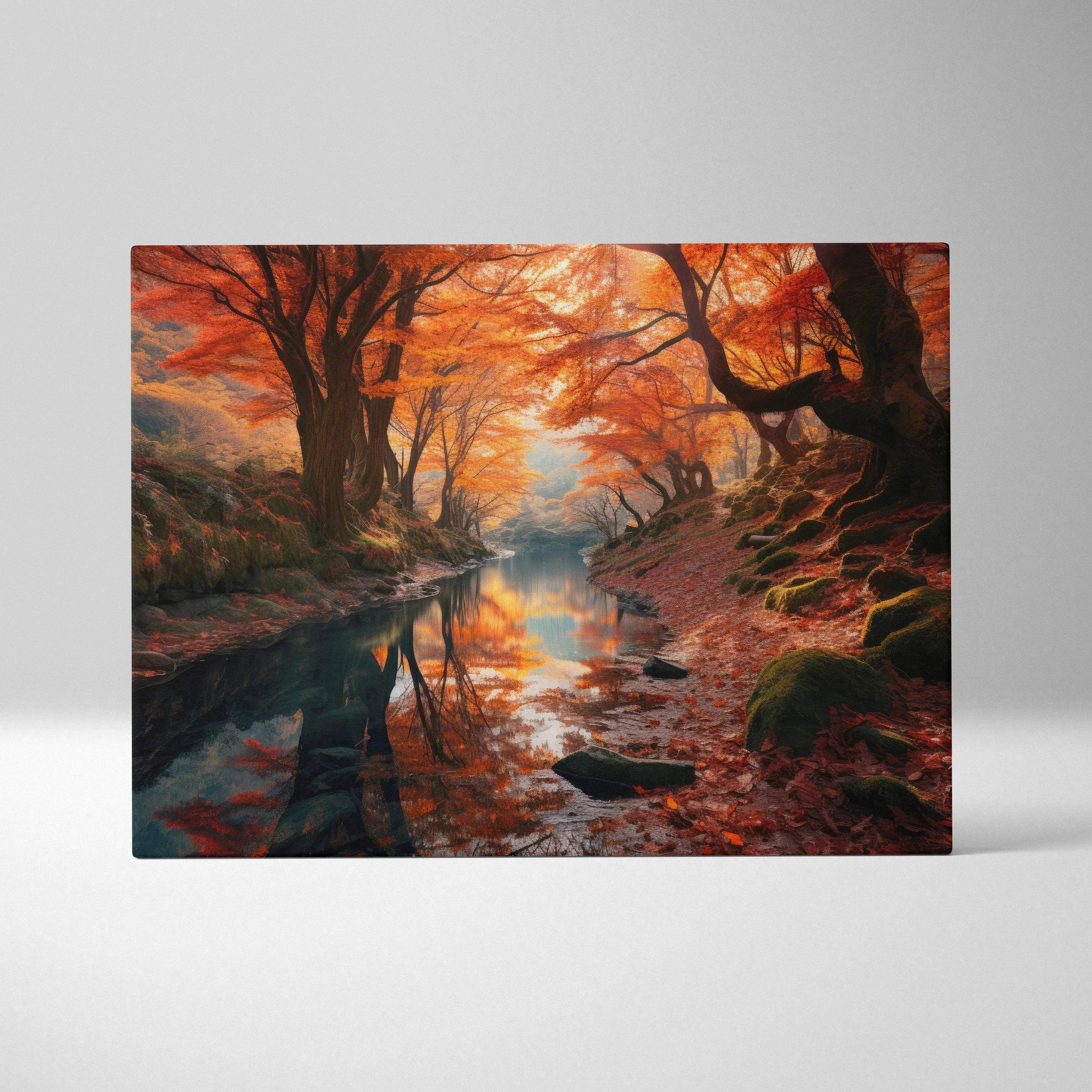 Autumn forest scene with golden leaves reflecting in calm stream canvas wall art.