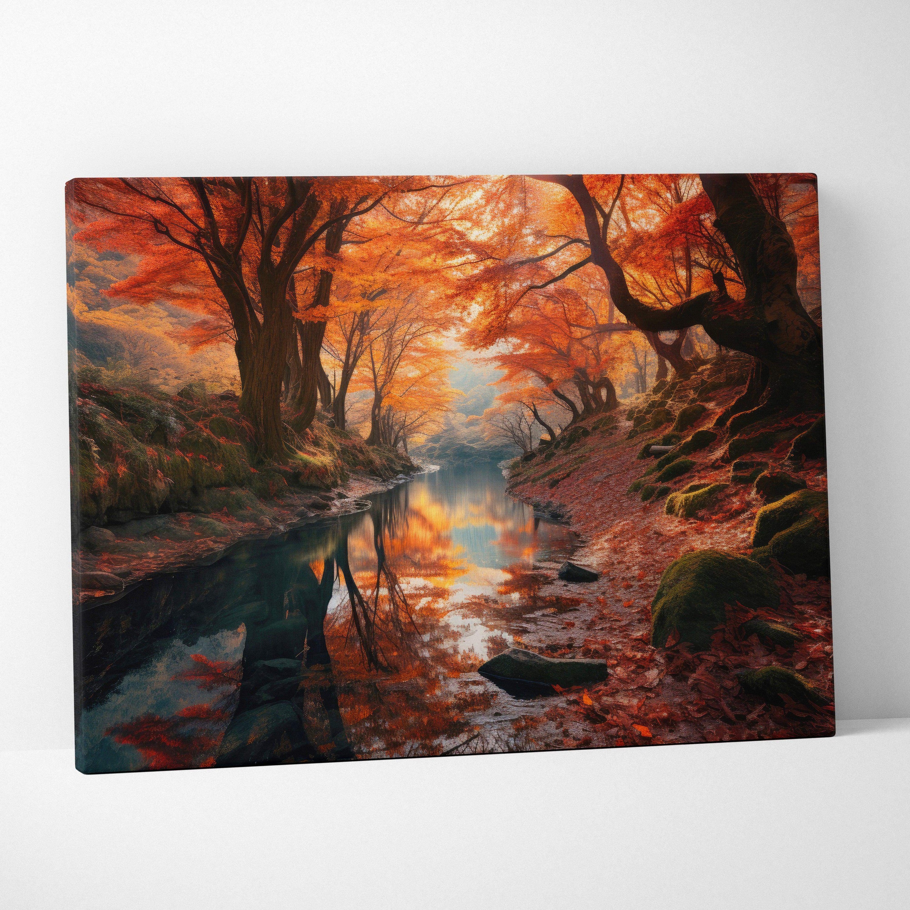 Autumn foliage canvas art with golden leaves and serene forest reflected in calm water wall art.