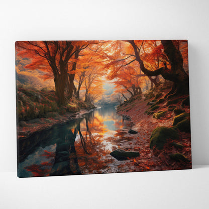 Autumn foliage canvas art with golden leaves and serene forest reflected in calm water wall art.