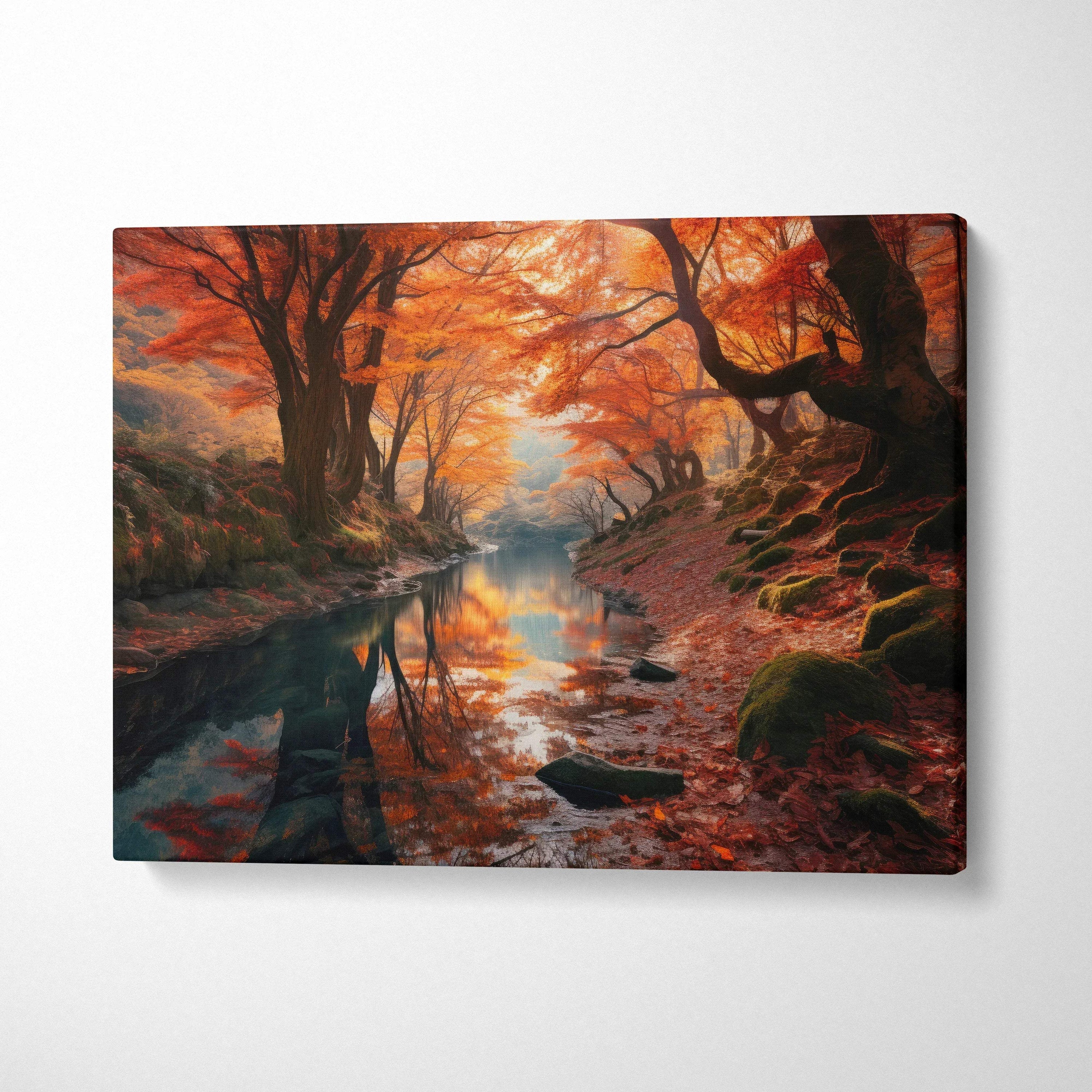Vibrant autumn canvas art with golden leaves and serene forest reflected in tranquil water wall art.