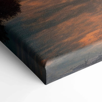 Autumn sunset digital art canvas featuring vibrant red and gold foliage wall art detail.