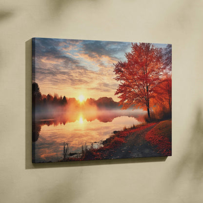 Vibrant autumn sunset nature scene with red and gold foliage on canvas wall art.