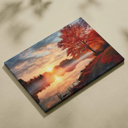 Canvas art wall decor featuring vibrant autumn sunset with red and gold foliage over a reflective lake.