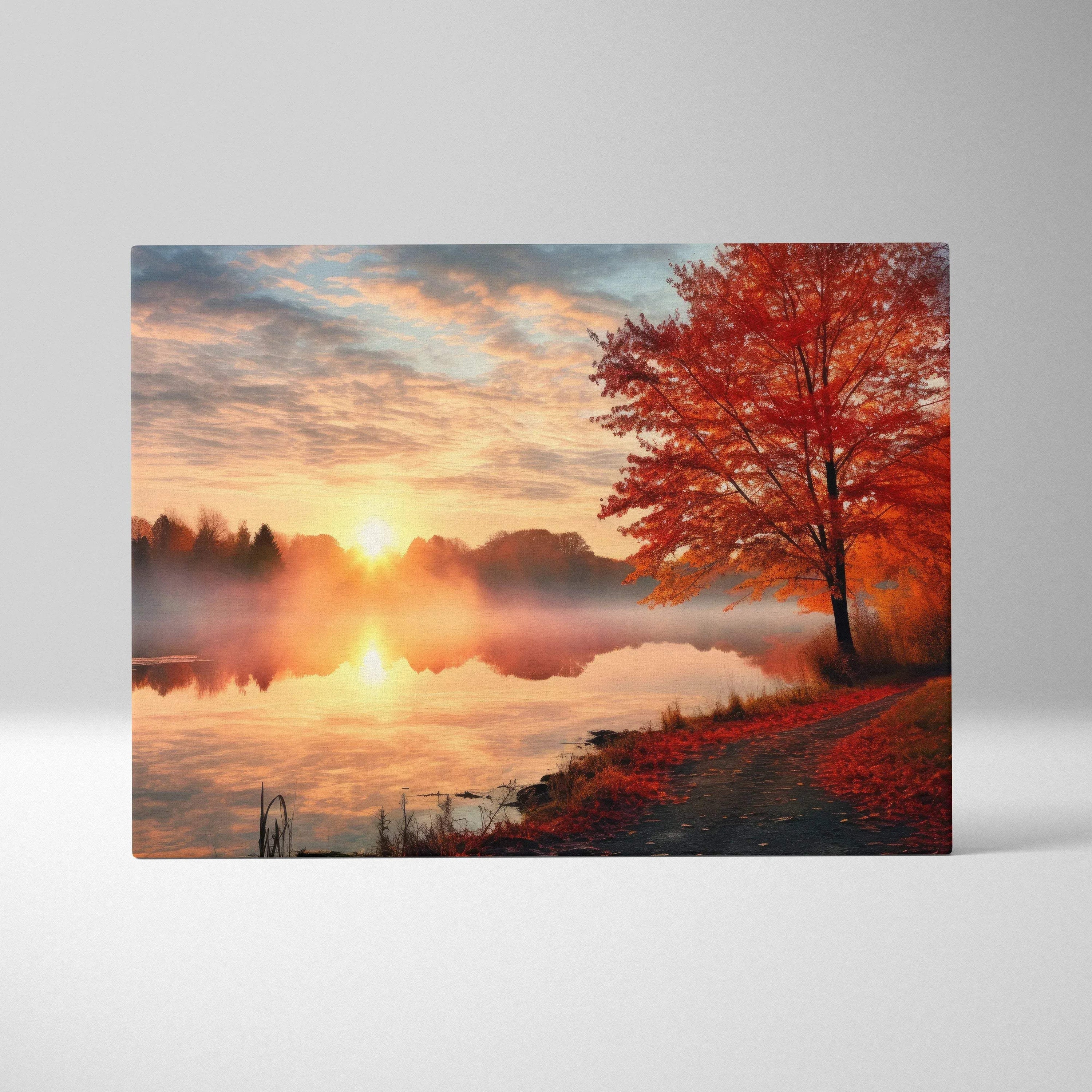Vibrant autumn sunset canvas art with red and gold foliage over a tranquil lake, nature wall art.