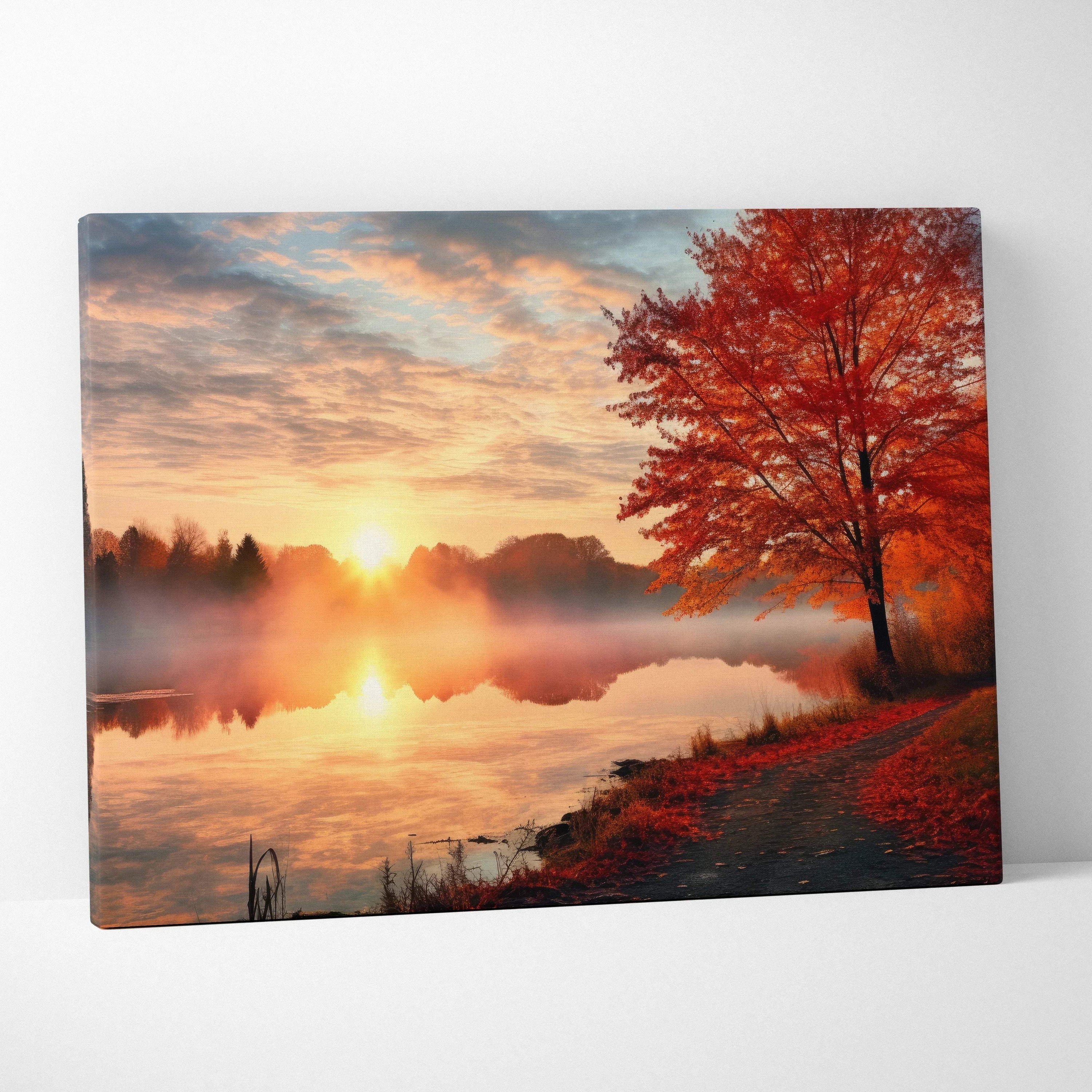 Autumn sunset canvas art with red and gold foliage over a calm lake, vibrant nature wall art.