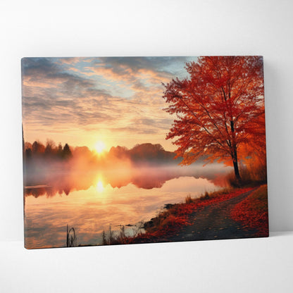 Autumn sunset canvas art with red and gold foliage over a calm lake, vibrant nature wall art.