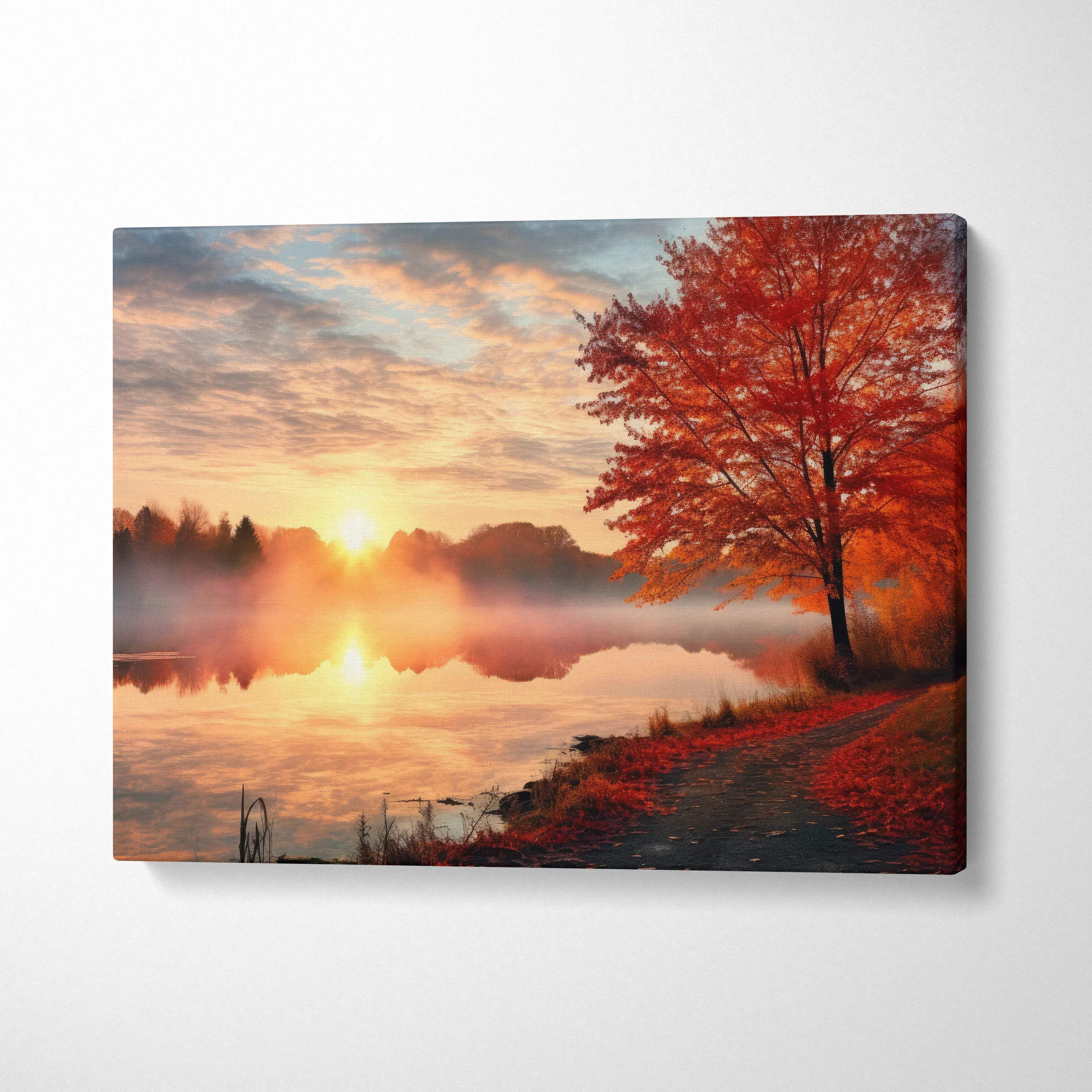 Canvas art of a vibrant autumn sunset with red and gold foliage by a lakeside, wall art decor.