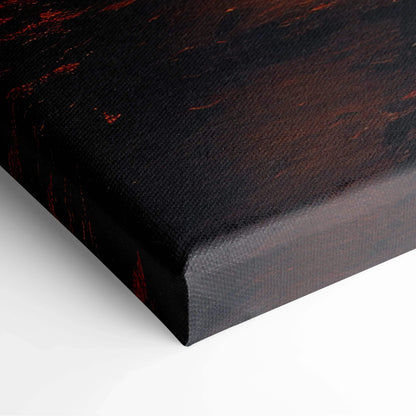 Close-up of black textured canvas art print corner with subtle autumn sunset tones and golden fall foliage details.