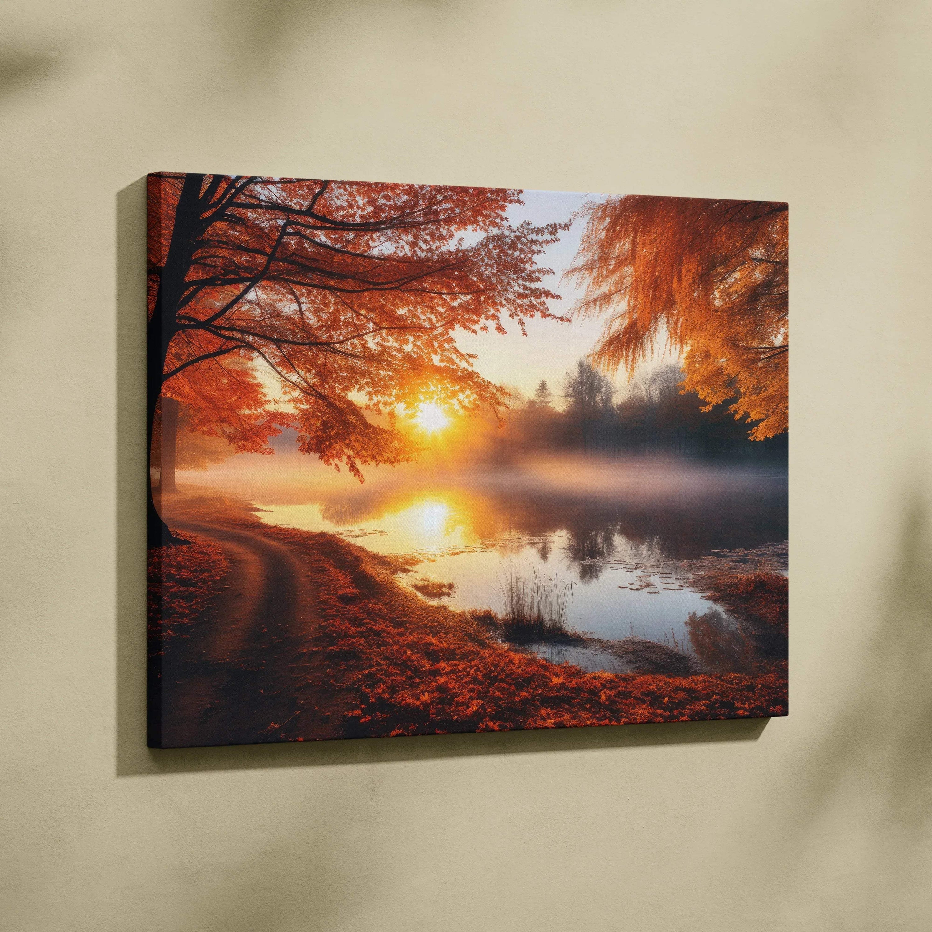 Vibrant autumn sunset digital art canvas with golden fall foliage and peaceful lakeside scene wall art.