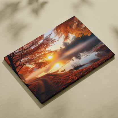 Canvas art featuring a vibrant autumn sunset with golden fall foliage over a reflective lake, warm orange and red tones wall .