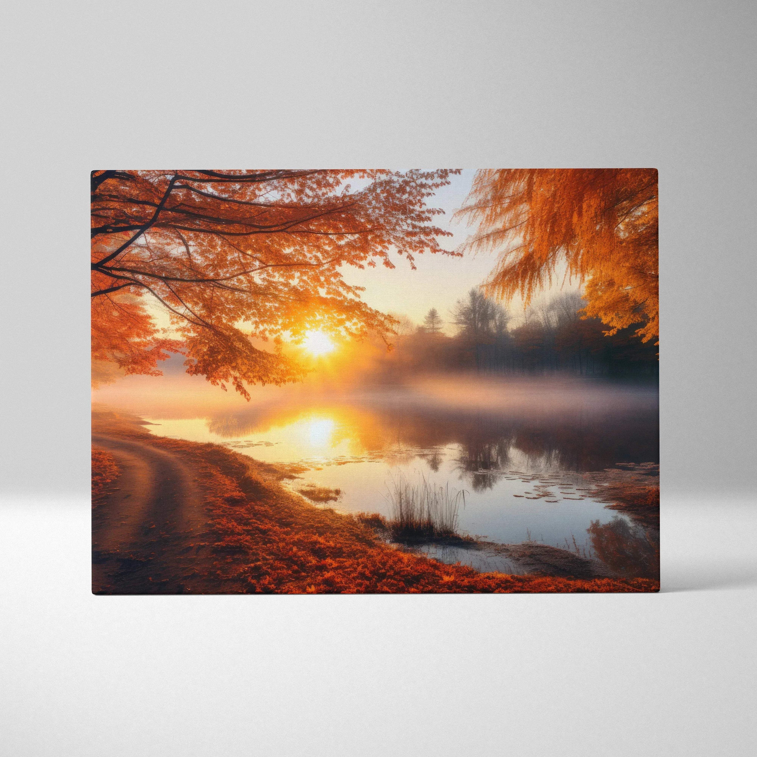 Vibrant autumn sunset nature digital art canvas with golden fall foliage reflecting on calm water wall art.
