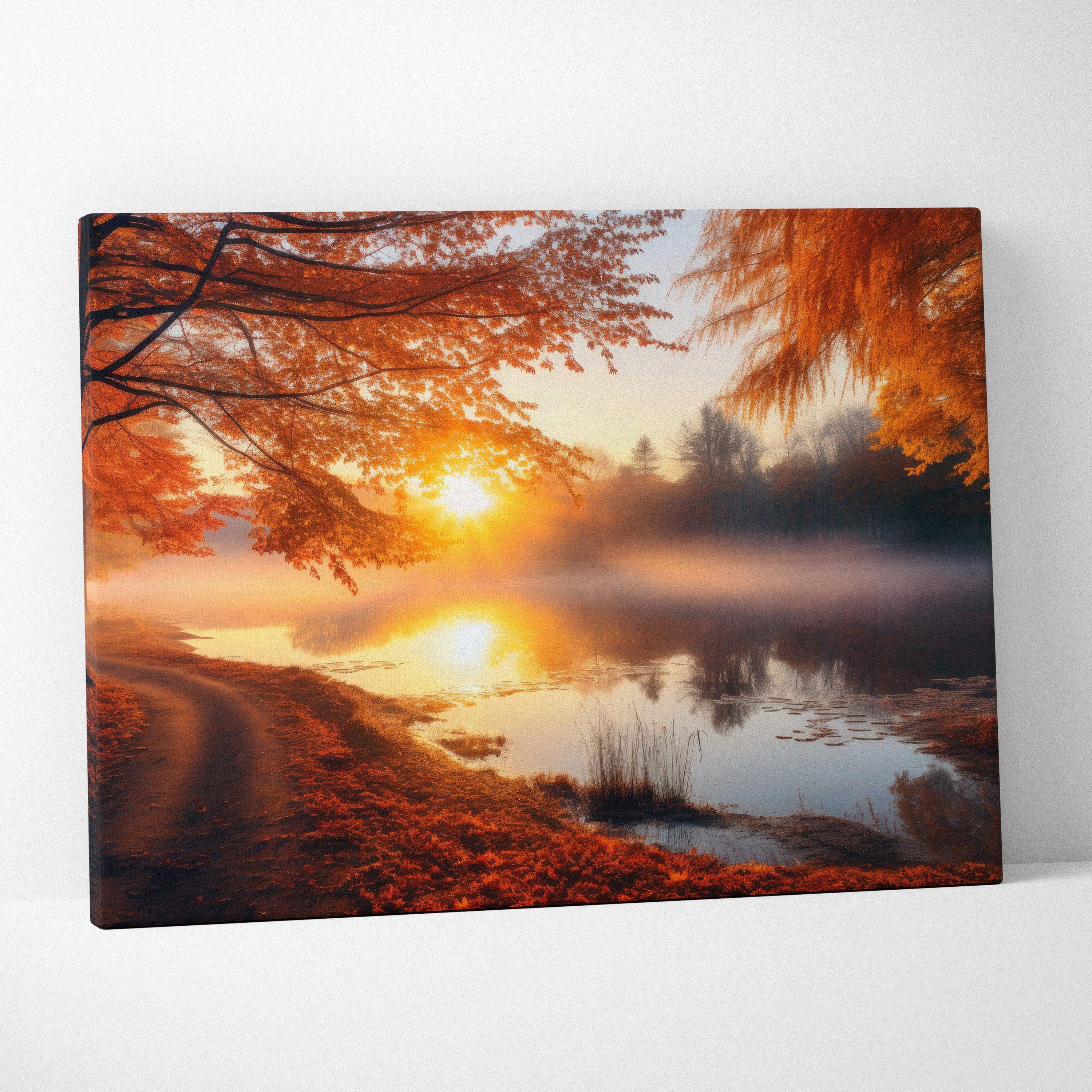 Vibrant autumn sunset canvas art with golden fall foliage and misty lake wall art.