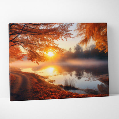 Vibrant autumn sunset canvas art with golden fall foliage and misty lake wall art.