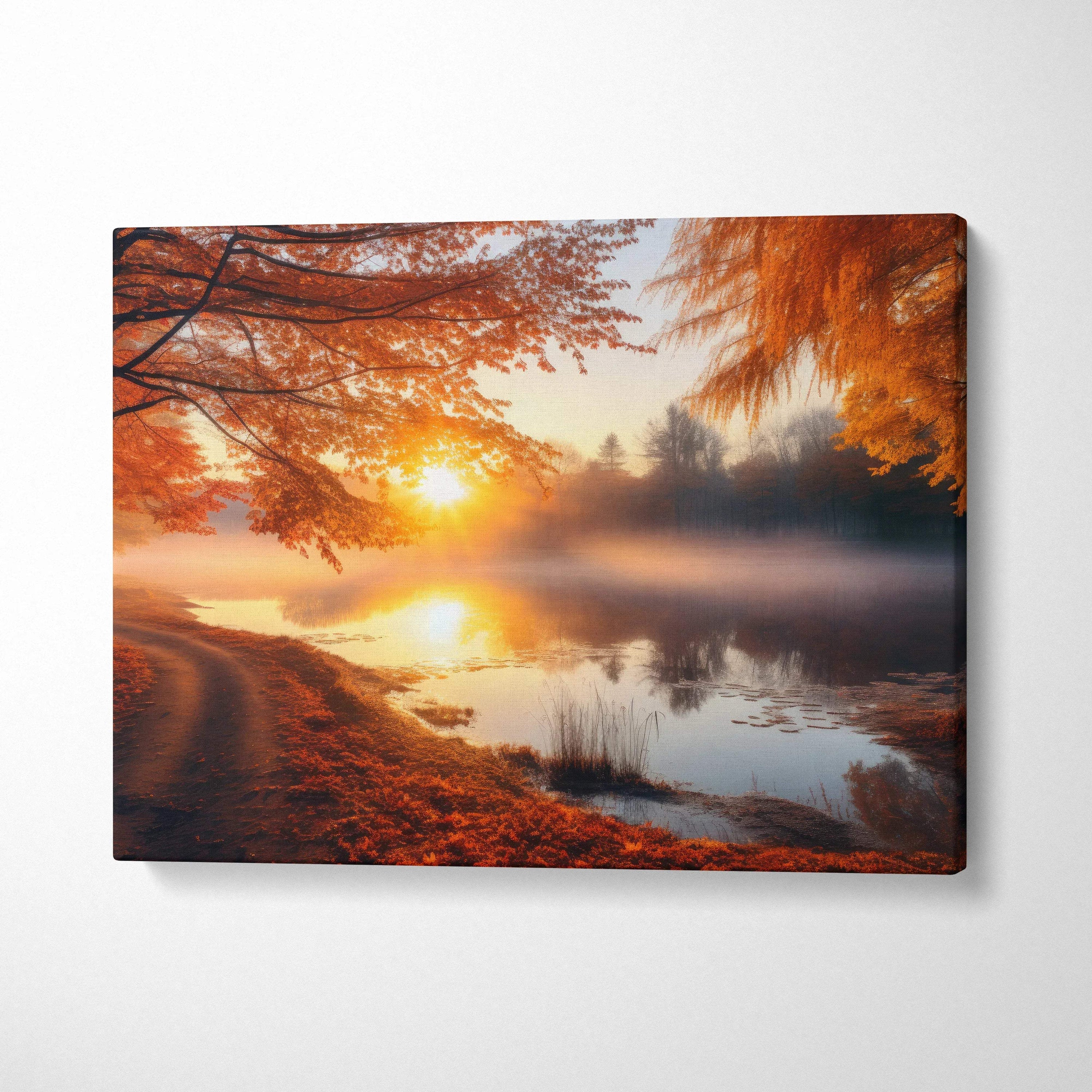 Autumn sunset nature canvas art with golden fall foliage along a misty lake shore wall art.