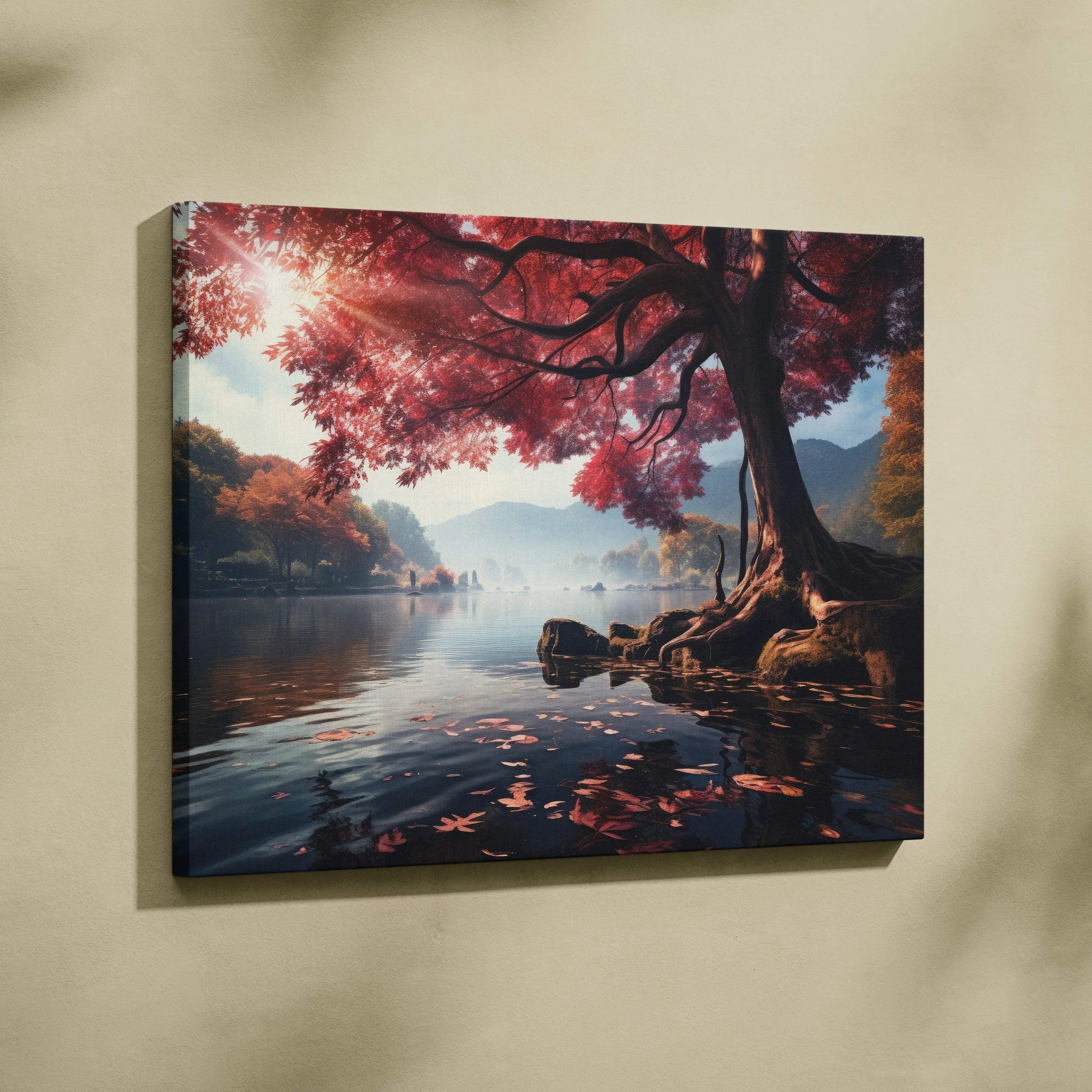Autumn-themed canvas art with vibrant red foliage and serene woodland reflected on calm lake water.