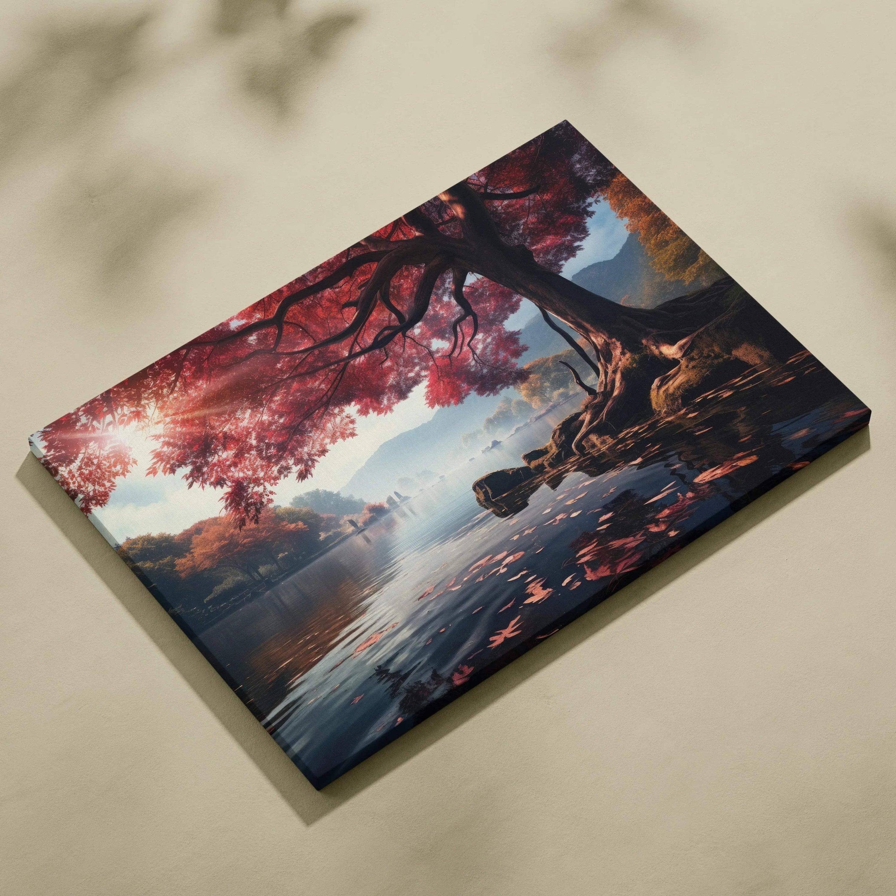 Autumn-themed canvas art featuring vibrant red foliage over a serene woodland lake for wall art display.