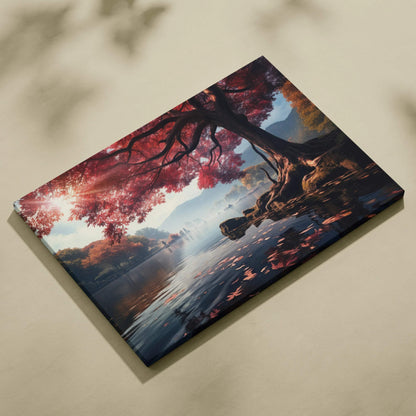 Autumn-themed canvas art featuring vibrant red foliage over a serene woodland lake for wall art display.
