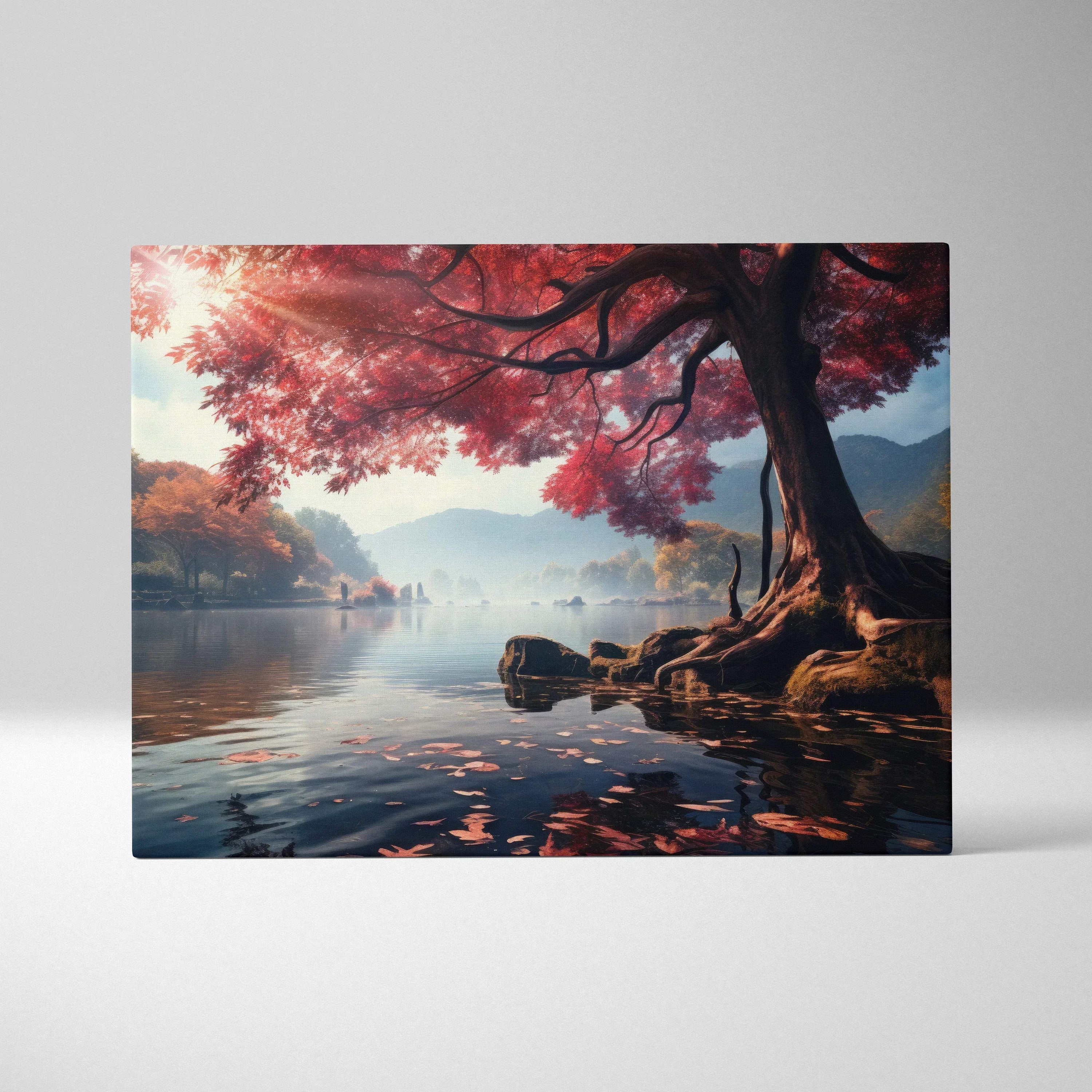 Autumn-themed canvas art with vibrant red foliage over a serene lake and distant mountains wall art.