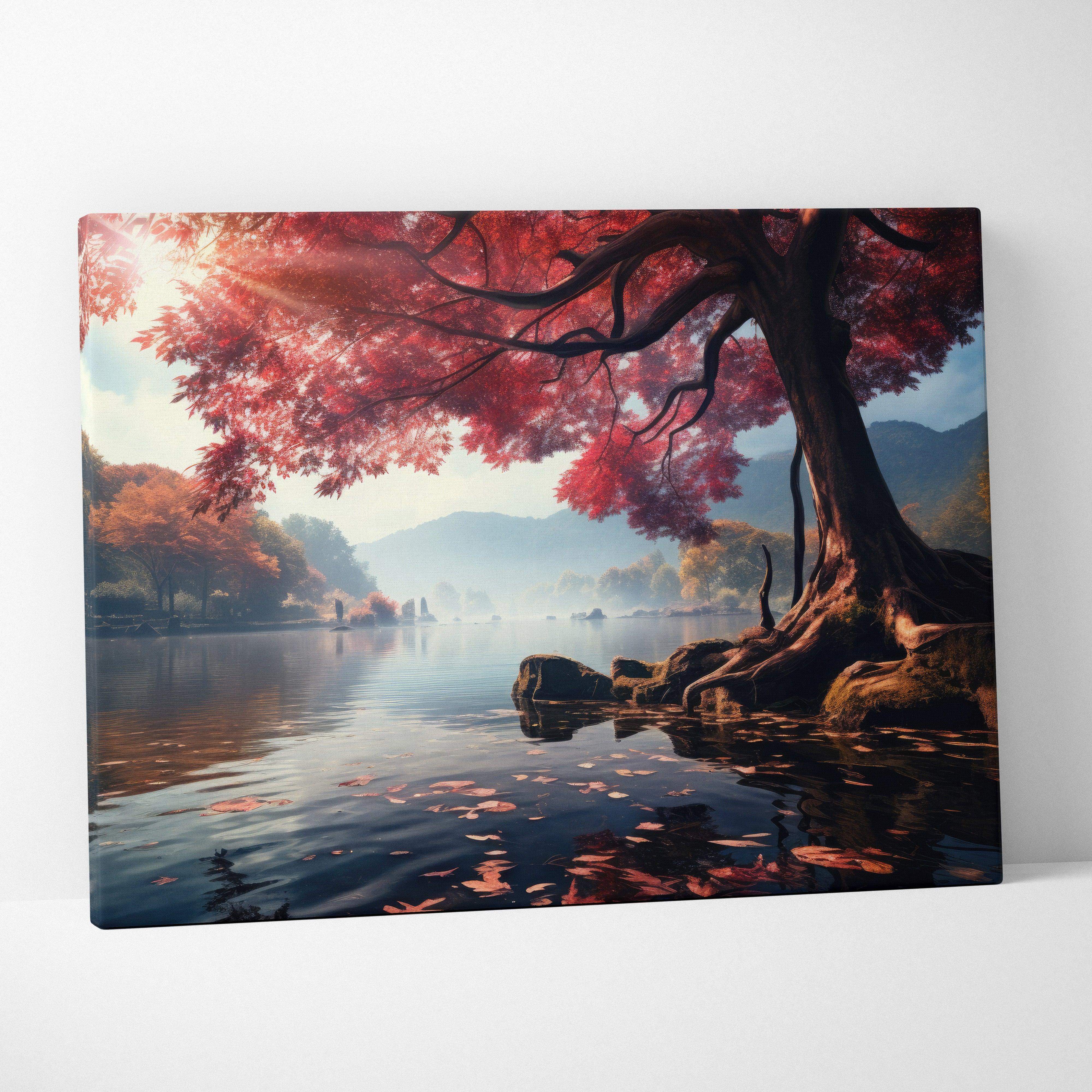 A rectangular canvas print of a crimson tree by a serene lake with autumn leaves and warm golden light