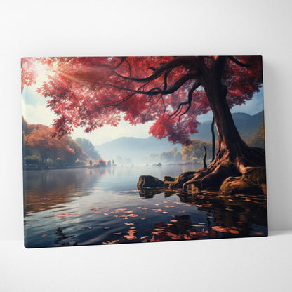 Autumn-themed canvas wall art featuring vibrant red foliage over a serene woodland lake scene.