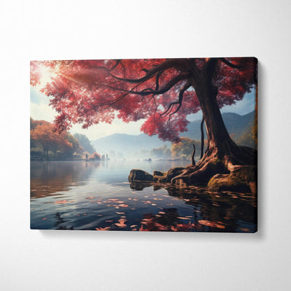Autumn-themed canvas art with vibrant red foliage over serene lake and misty woodland scene wall art.