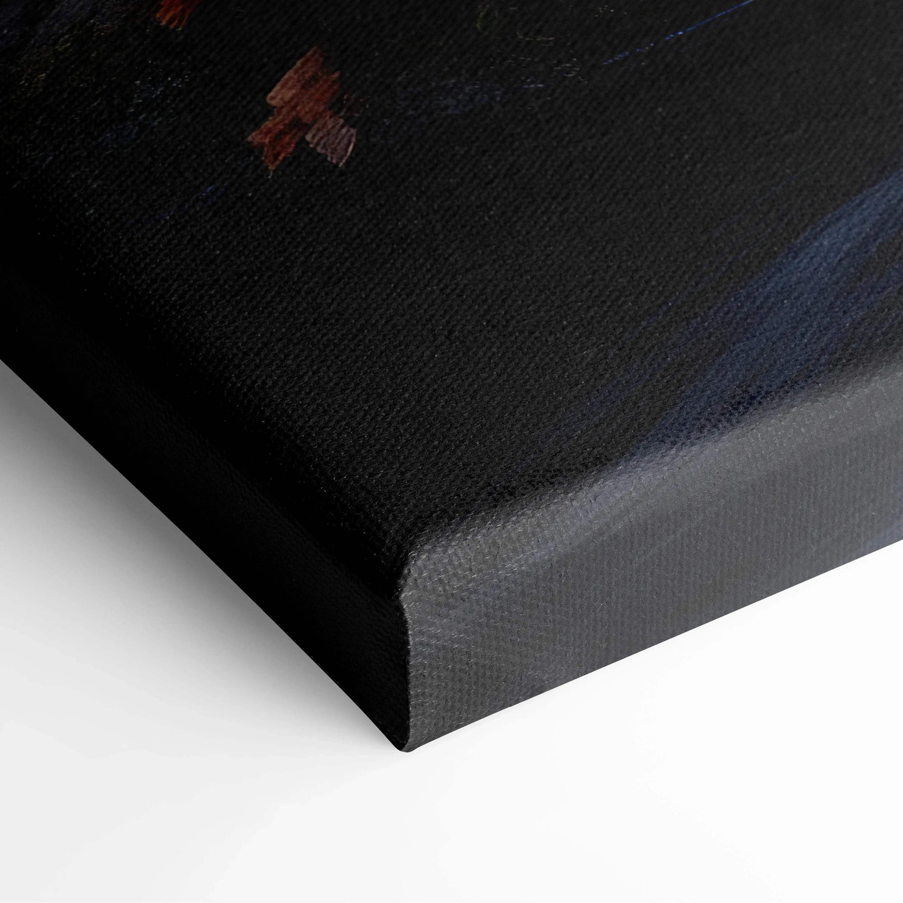Close-up of black canvas art corner showing textured fabric and stretched edges of wall art canvas.