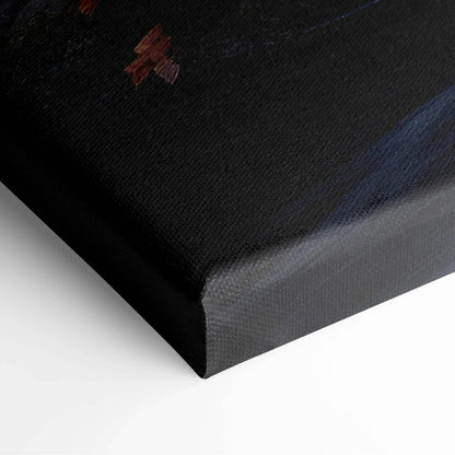 Close-up of black canvas art corner showing textured fabric and stretched edges of wall art canvas.