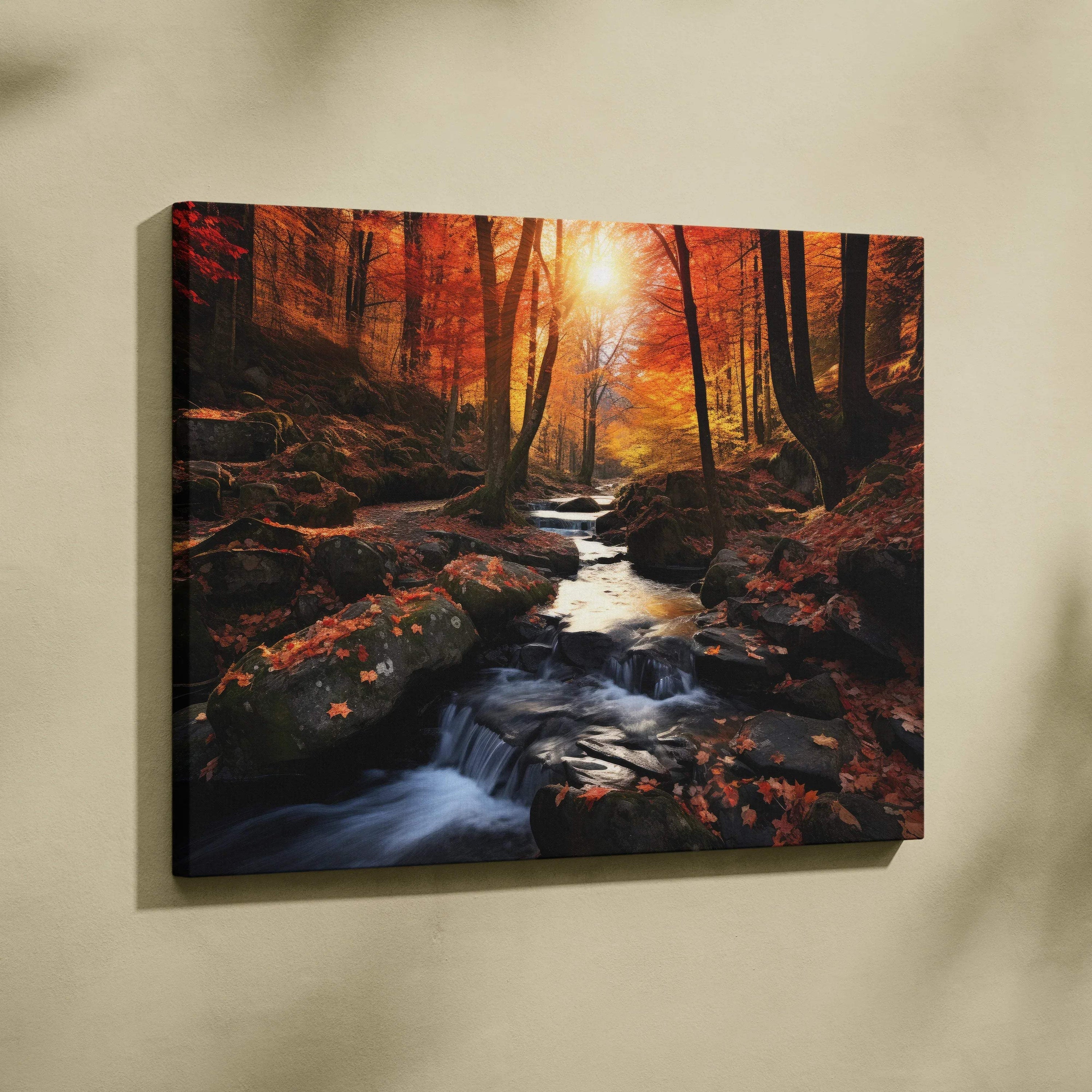 Vibrant autumn foliage and sunlight over flowing creek nature scene canvas wall art.