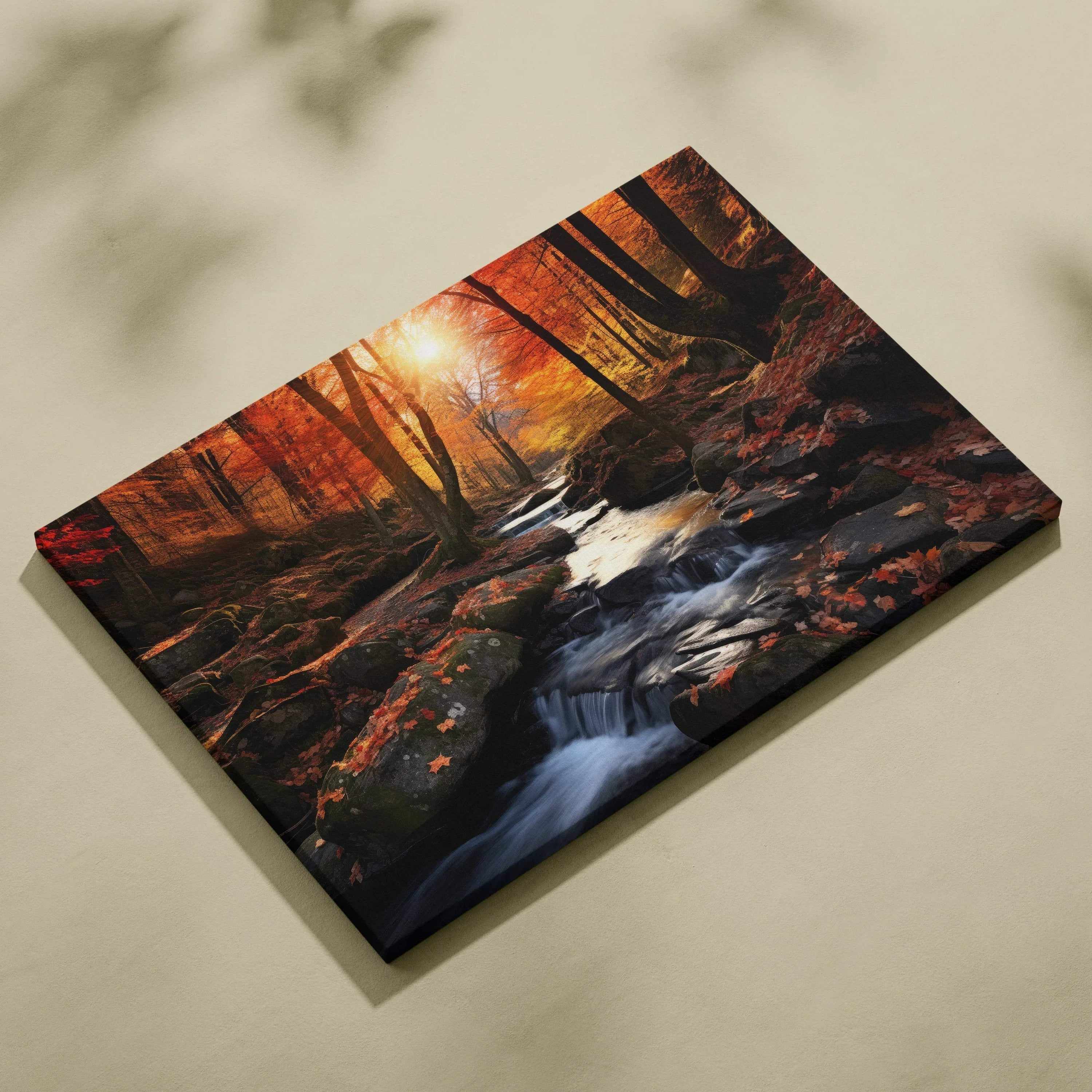 Vibrant autumn fall foliage landscape with sunlit stream on canvas wall art.