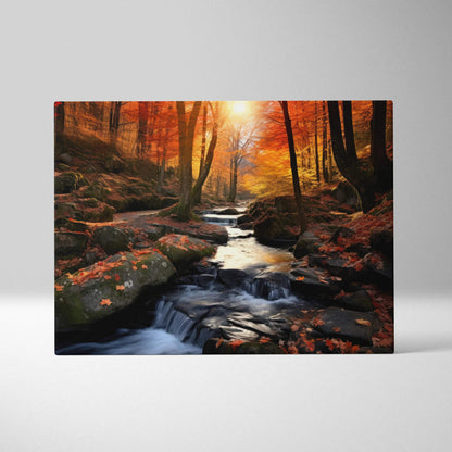 Vibrant autumn forest with flowing stream on canvas wall art in warm fall colors.