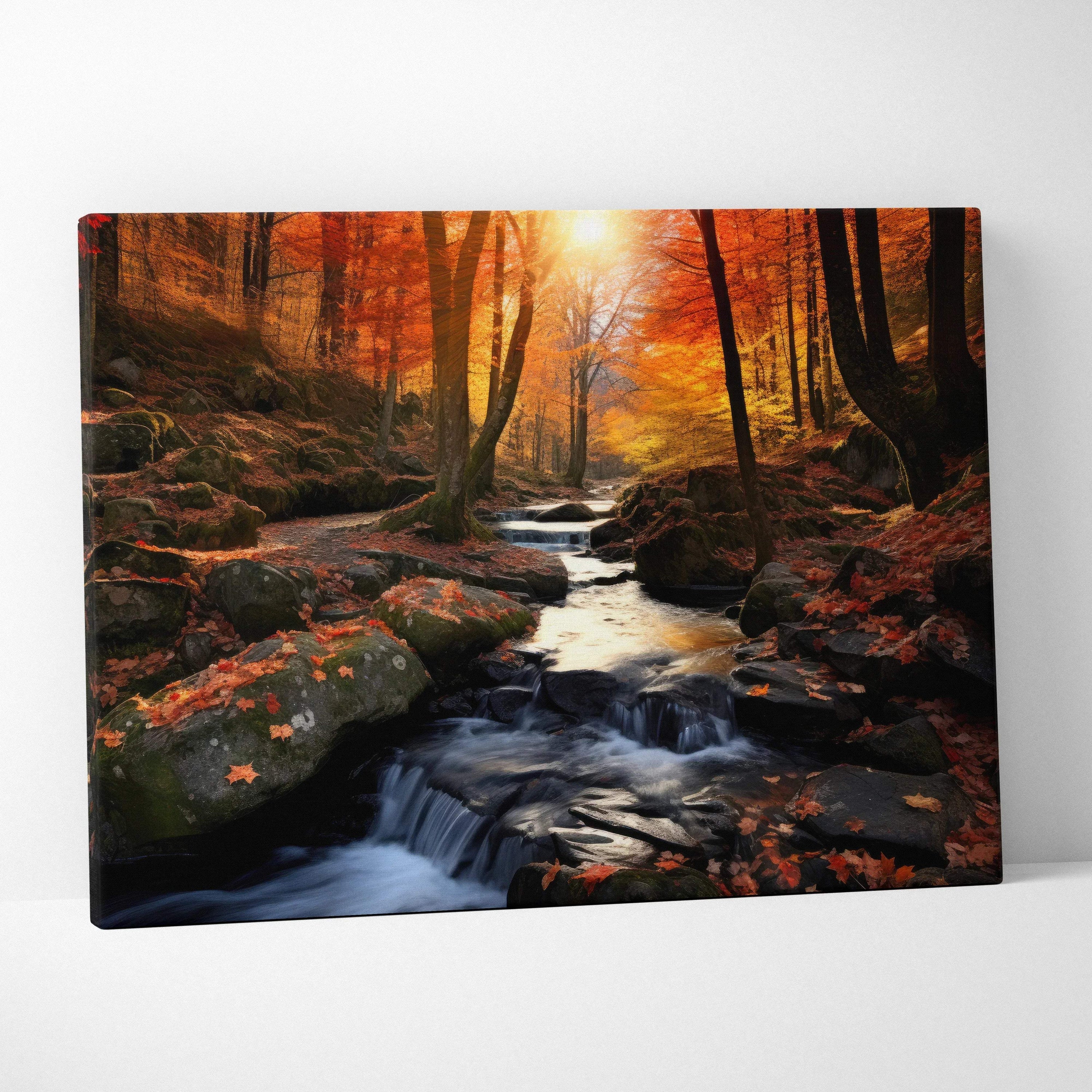 Vibrant autumn forest scene with flowing creek on canvas wall art, rich fall foliage colors.