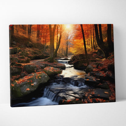 Vibrant autumn forest scene with flowing creek on canvas wall art, rich fall foliage colors.