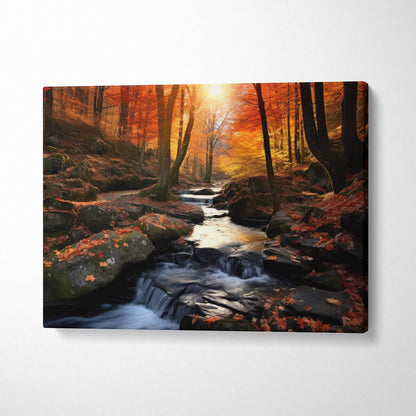Vibrant autumn forest scene with flowing creek on canvas wall art print.