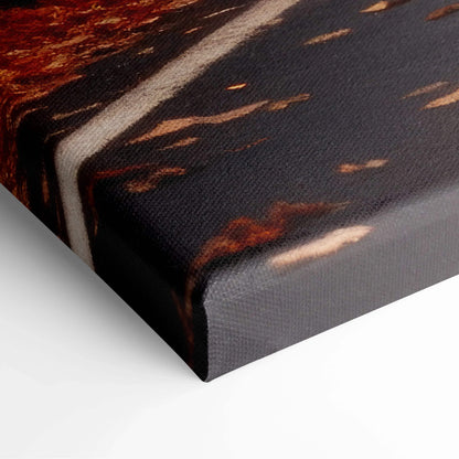 Close-up of vibrant autumn leaves and winding road on textured canvas art wall art print.